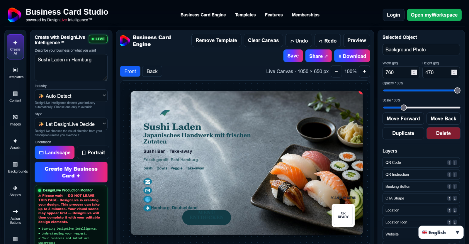 DesignLive AI Business Card Studio showing a real editable professional business card design with structured layers and production tools